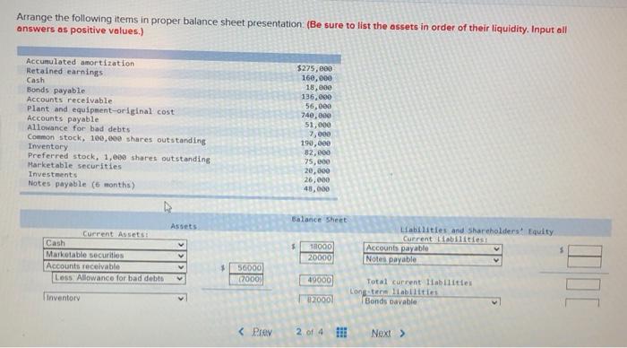 Solved Arrange the following items in proper balance sheet | Chegg.com