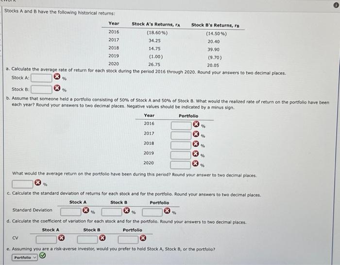 Solved Stocks A And B Have The Following Historical Returns: | Chegg.com