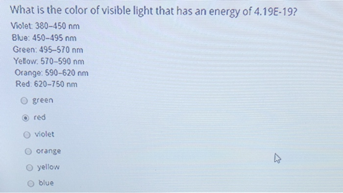 Solved What is the color of visible light that has an energy | Chegg.com