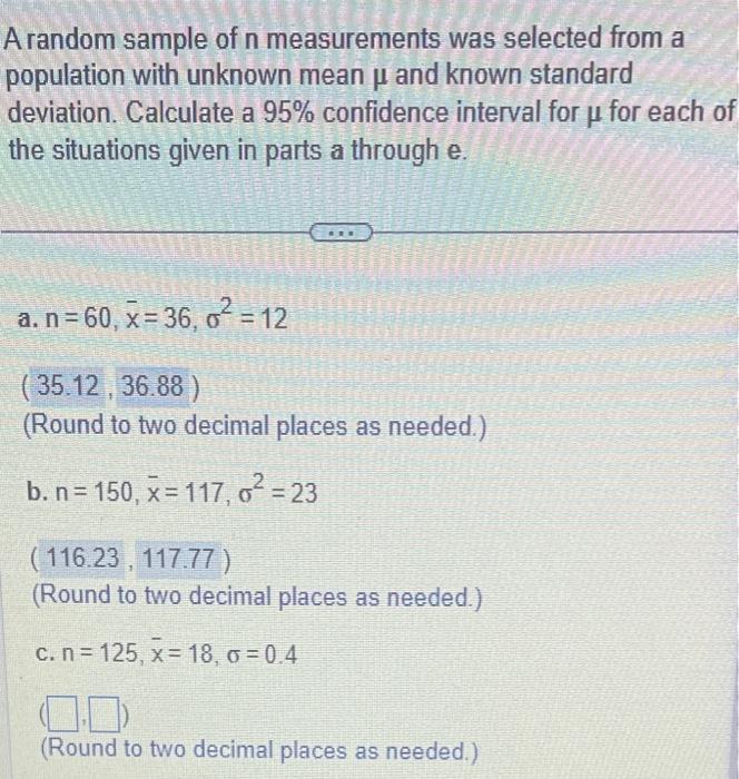 Solved A random sample of n measurements was selected from a | Chegg.com