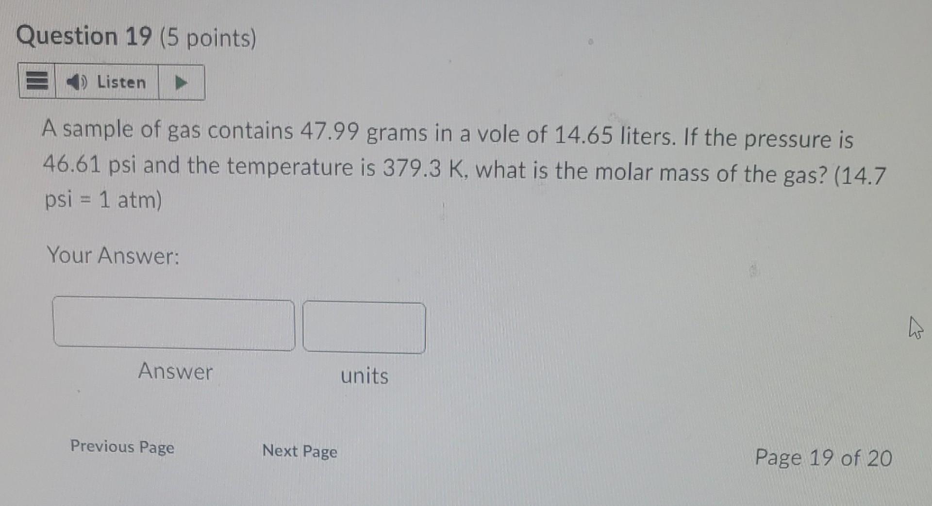 Solved A sample of gas contains 47.99 grams in a vole of | Chegg.com