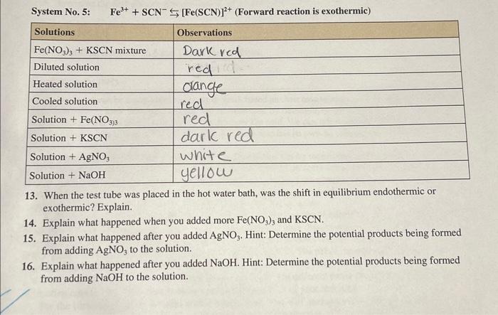 System No. 5: Fe3++SCN−⇆[Fe(SCN)]2+ (Forward reaction | Chegg.com
