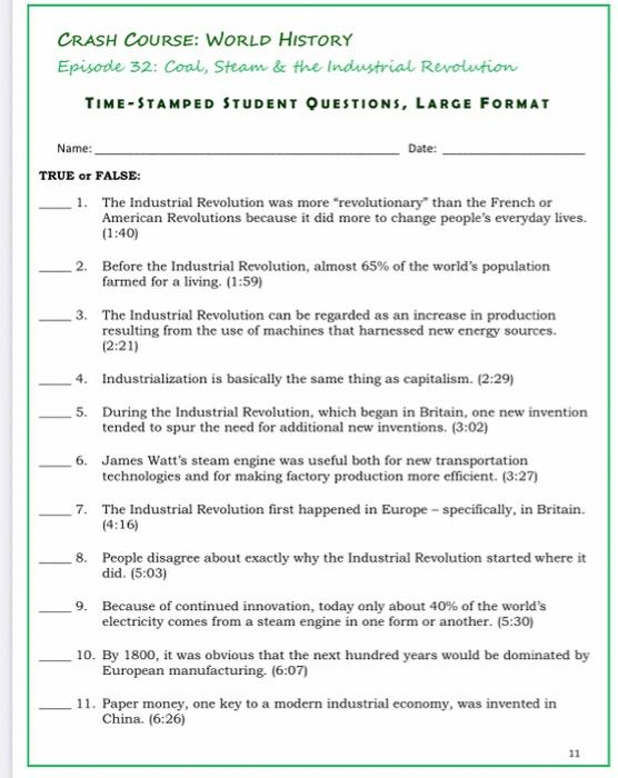 the industrial revolution world history crash course #32 answers