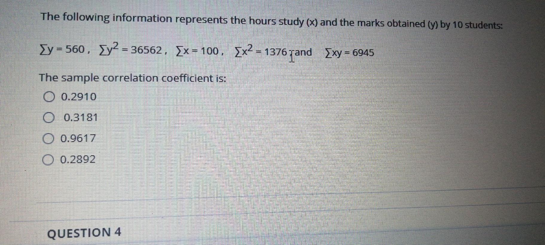 Solved The following information represents the hours study | Chegg.com