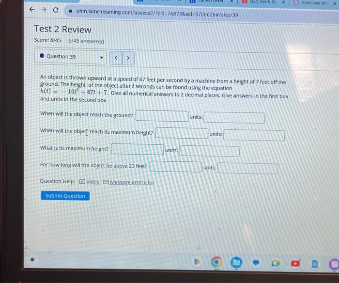 Solved An object is thrown upward at a speed of 67 feet per | Chegg.com