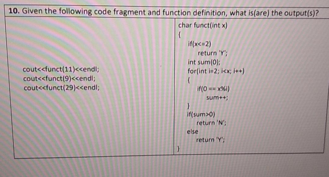 Solved 7. Given the following code fragment and function | Chegg.com