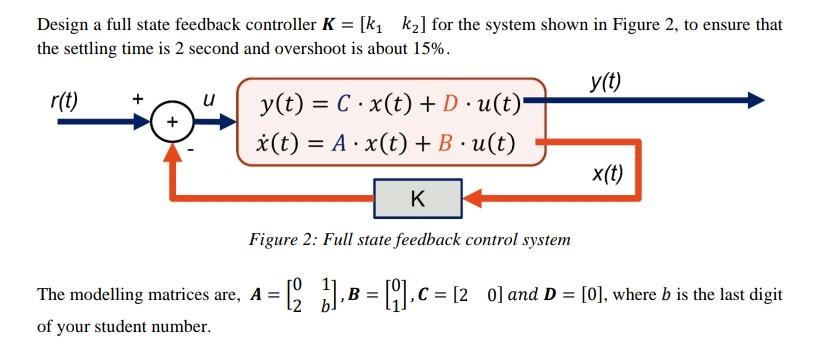 Design a full state feedback controller K = [kı | Chegg.com