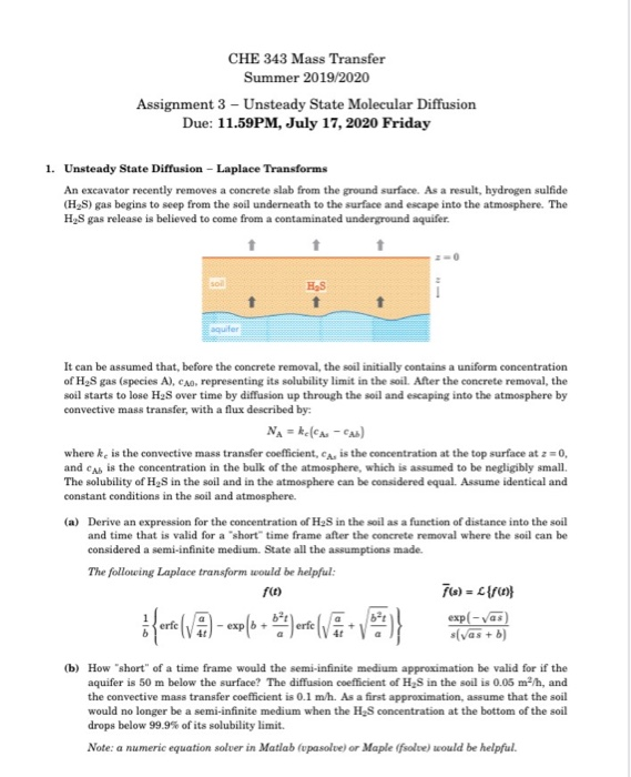 CHE 343 Mass Transfer Summer 2019/2020 Assignment 3 - | Chegg.com