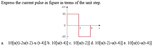 Express the current pulse in figure in terms of the unit step.
a. \( 10[u(t)-2 u(t-2)-u(t-4)] \) b. \( 10[u(t-4)] \) c. \( 10