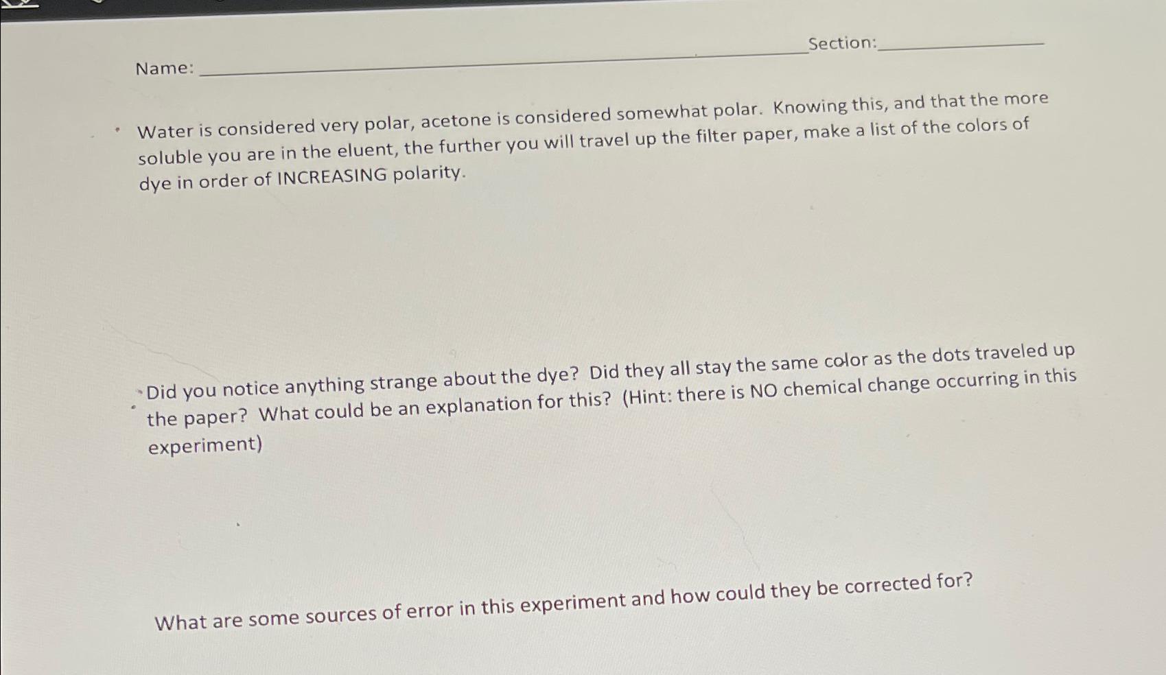 Solved NameSectionWater is considered very polar, acetone