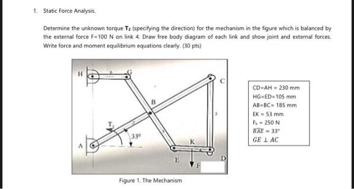 Solved 1. Static Force Analysis. Determine the unknown | Chegg.com