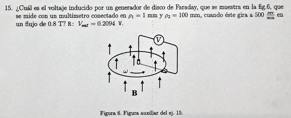 15. ¿Cuál es el voltaje inducido por un generador de disco de Faraday, que se muestra en la fig.6, que se mide con un multíme