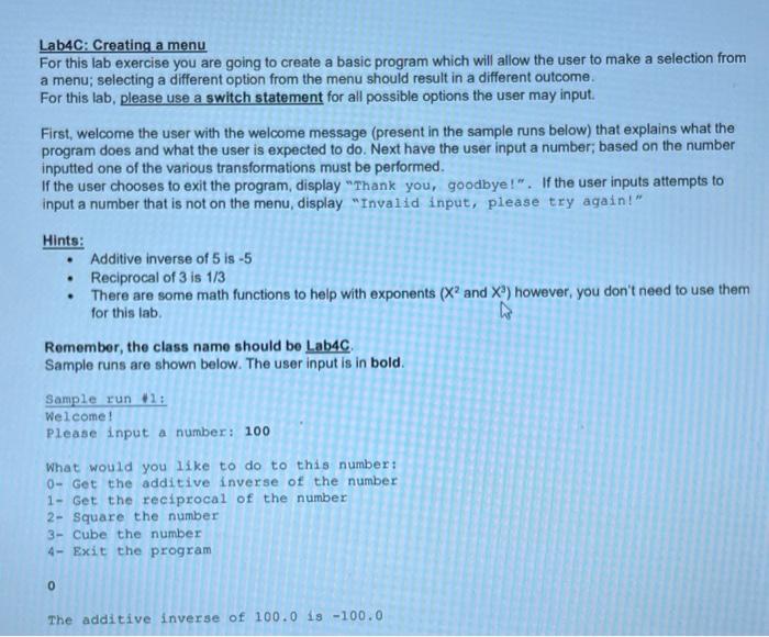Solved Lab4C: Creating a menu For this lab exercise you are | Chegg.com