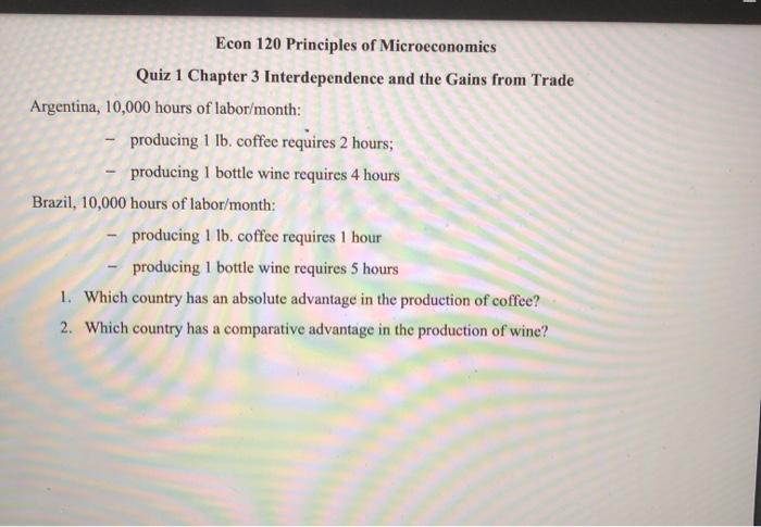 Solved Econ 120 Principles of Microeconomics Quiz 1 Chapter | Chegg.com