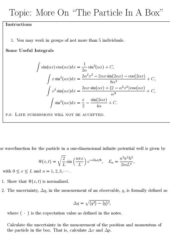 Solved Topic: More On "The Particle In A Box" Instructions | Chegg.com