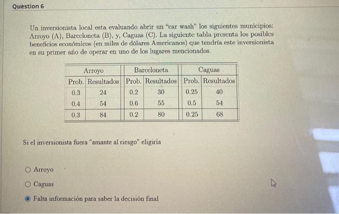 Un inversionista local esta evaluando abrir un car wash los siguientes municipios: Arroyo (A), Barcoloncta (B), y, Caguas (