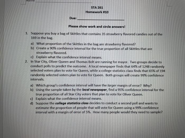 Solved STA 261 Homework #10 Due: Please show work and circle | Chegg.com