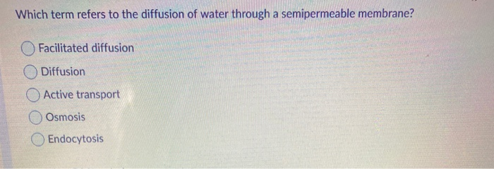Solved Which Term Refers To The Diffusion Of Water Through A Chegg