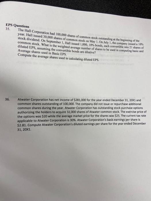 Solved EPS Questions 35. The Hall Corporation had 100,000 | Chegg.com