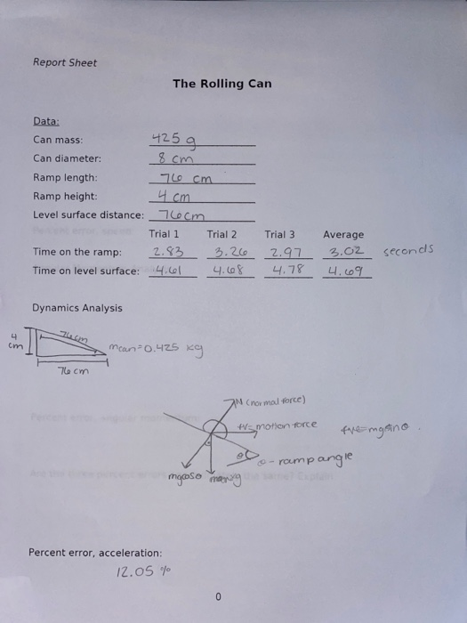 Solved Report Sheet The Rolling Can Data: Can mass 425 a Can | Chegg.com
