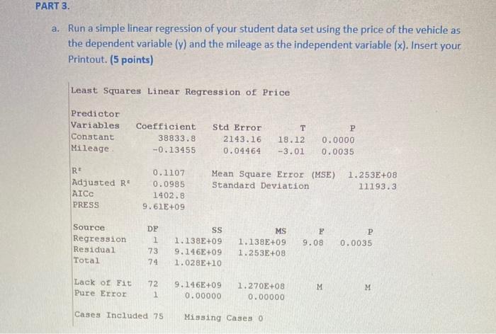 Solved PART 3 a. Run a simple linear regression of your | Chegg.com