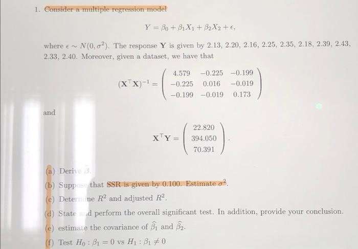 Solved 1. Consider A Multiple Regression Model Y = Bo + B1X1 | Chegg.com