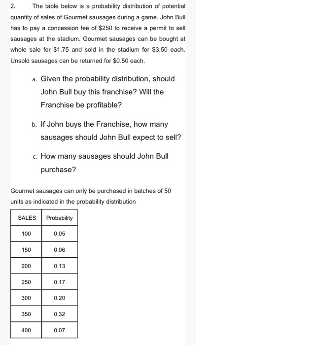 Solved 2. The table below is a probability distribution of | Chegg.com