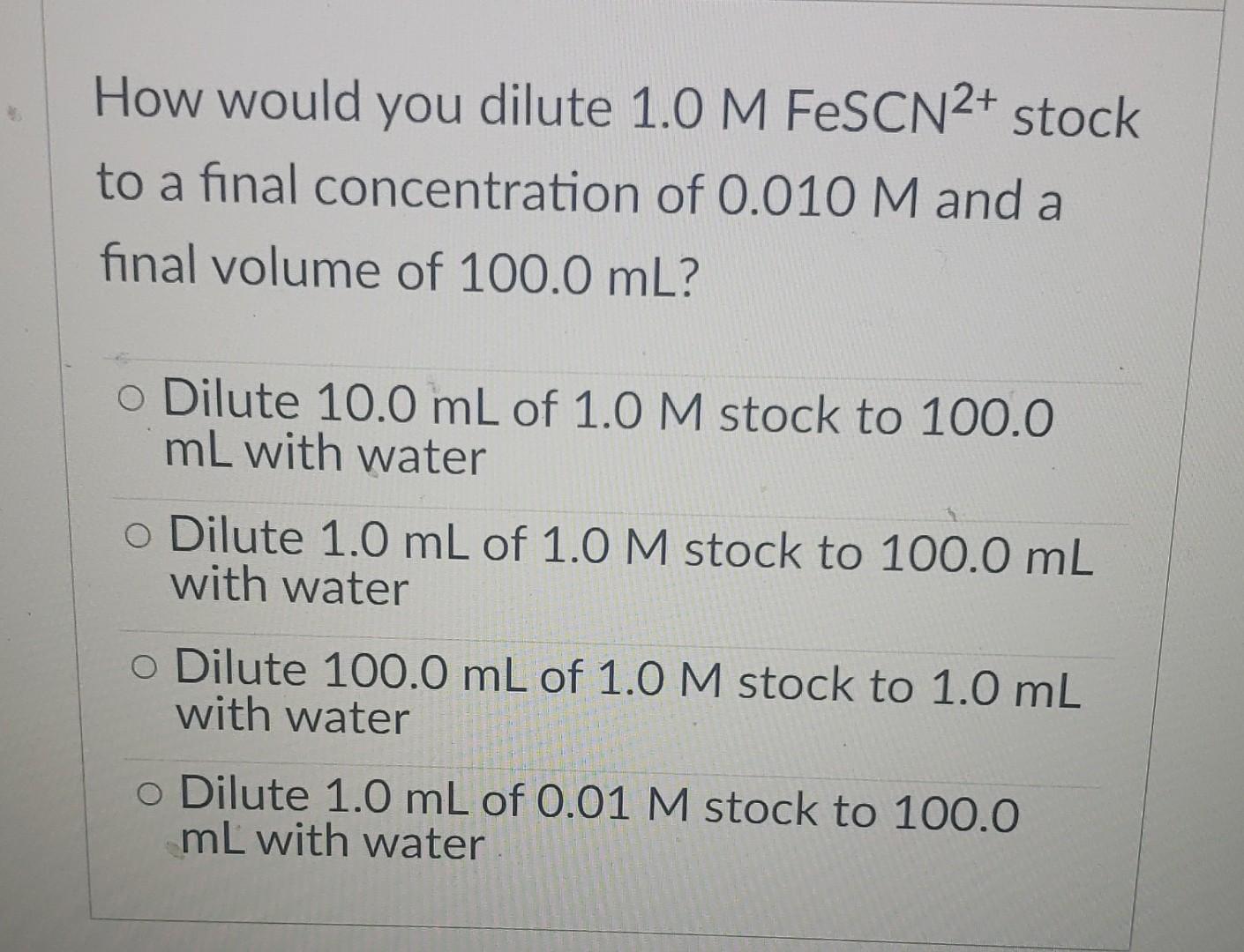 Solved How would you dilute 1.0 MFeSCN2+ stock to a final