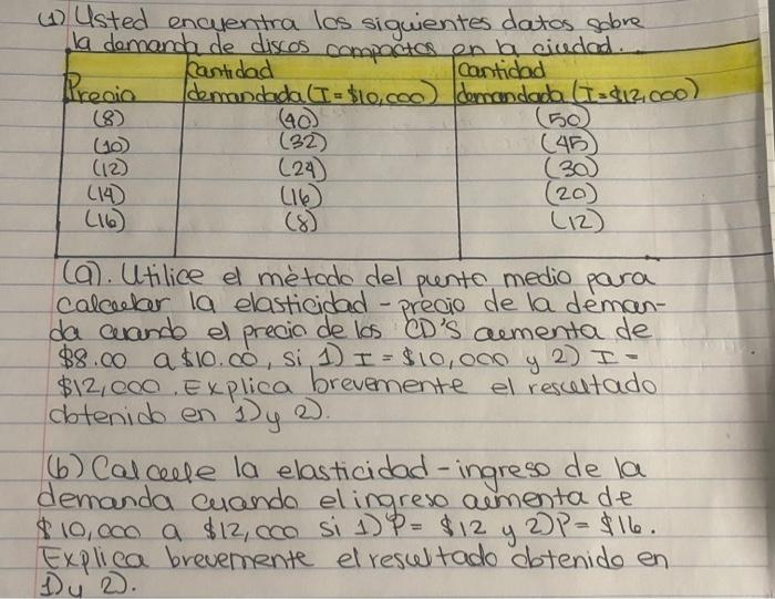 (1) Usted encientra los siauientes datas abre (a). Utilice el método del punto medio para calcular la elasticidad - precio de