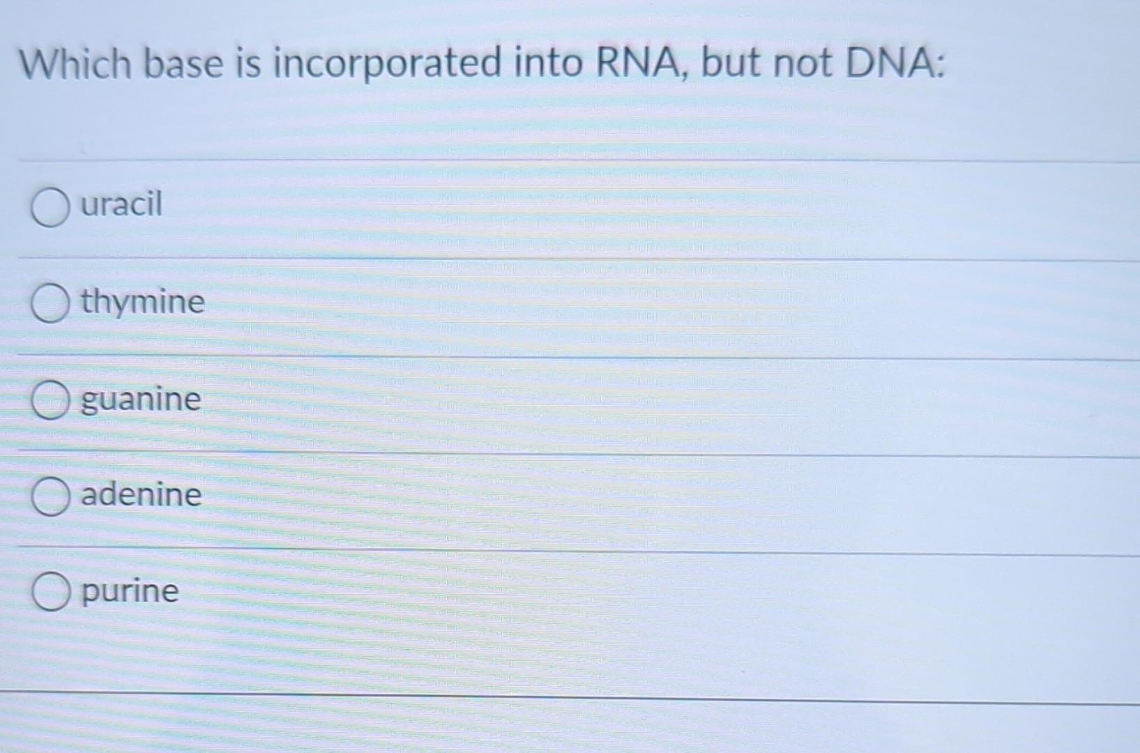 Solved Which base is incorporated into RNA, but not DNA