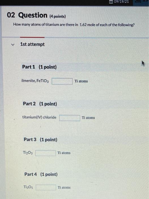 Solved how many atoms of titanium are there in 1.62 mol of | Chegg.com