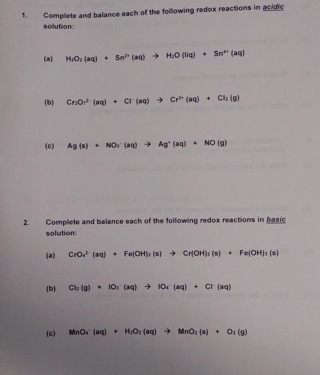 Solved 1. Complete and balance each of the following redox | Chegg.com