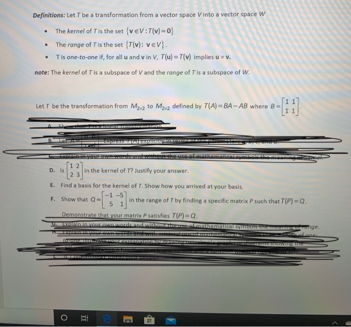 Solved Definitions: Let T be a transformation from a vector | Chegg.com