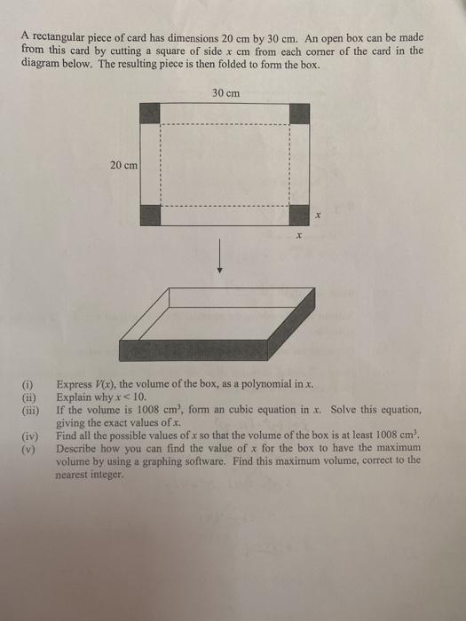 Solved A rectangular piece of card has dimensions 20 cm by | Chegg.com