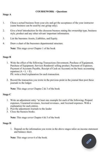 COURSEWORK - Questions Stage A 1 2 Chose a actual | Chegg.com