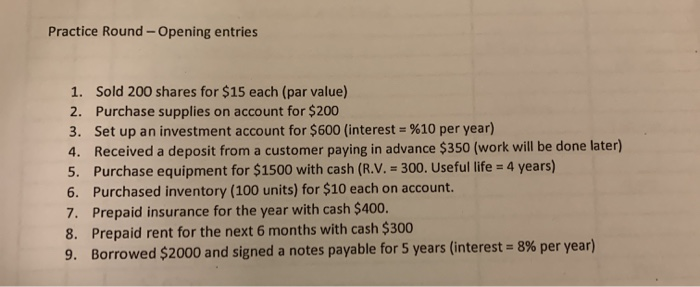 Solved Practice Round - Opening entries 1. Sold 200 shares | Chegg.com