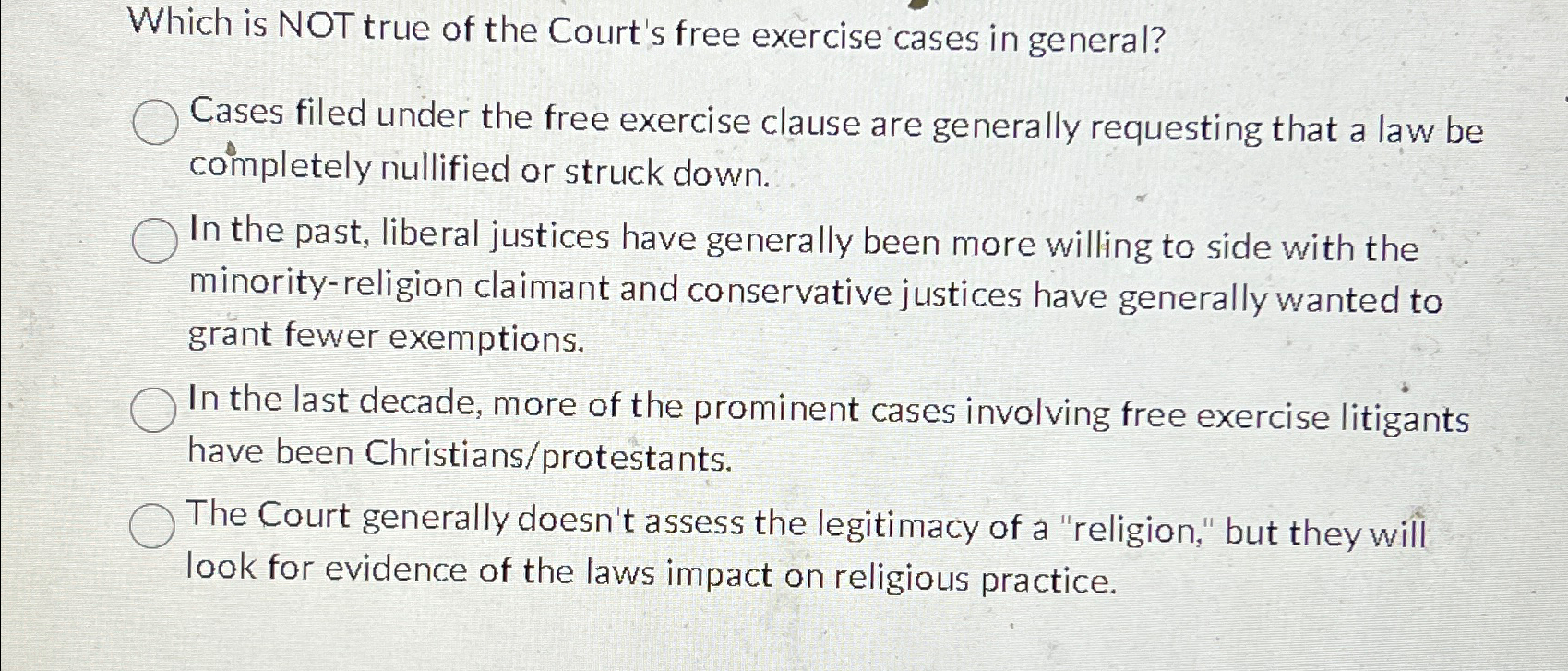 Solved Which is NOT true of the Court's free exercise cases | Chegg.com