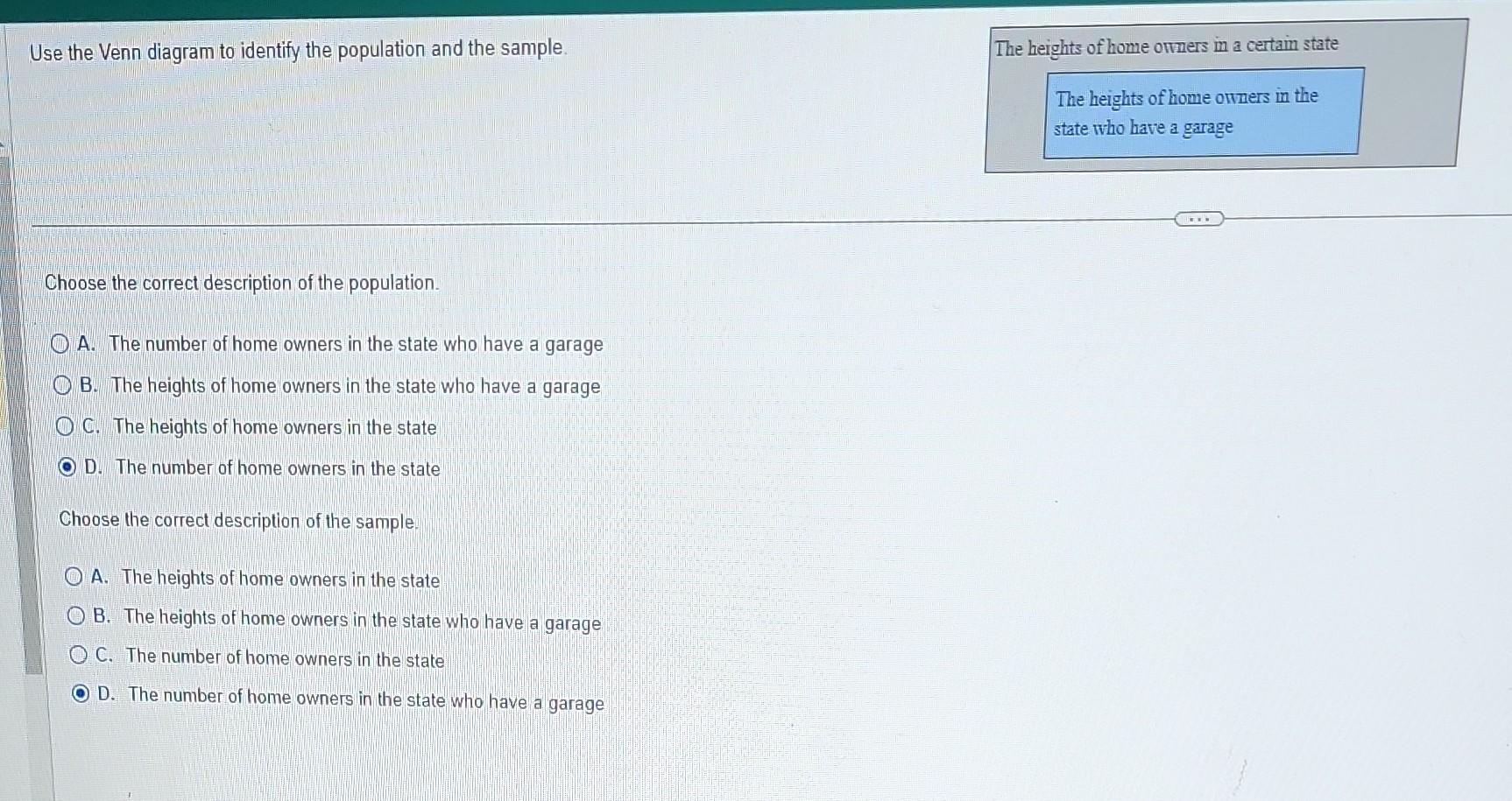 Solved Use the Venn diagram to identify the population and | Chegg.com