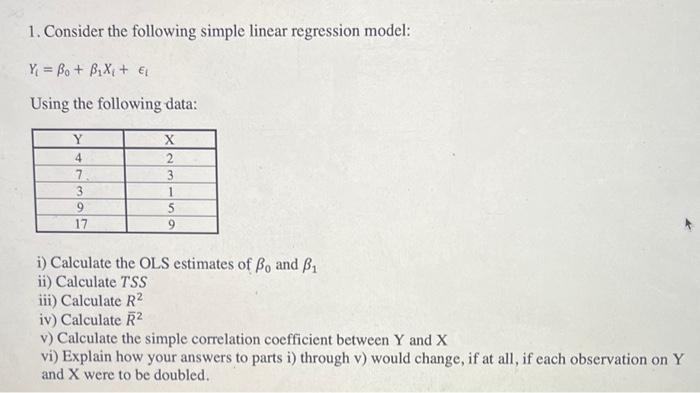 Solved 1. Consider The Following Simple Linear Regression | Chegg.com