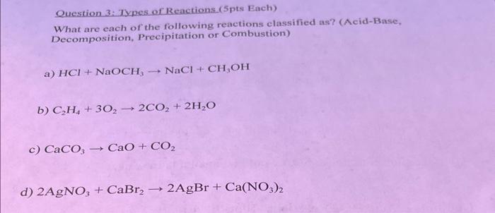 Solved Question 3 Types of Reactions 5pts Each What are Chegg