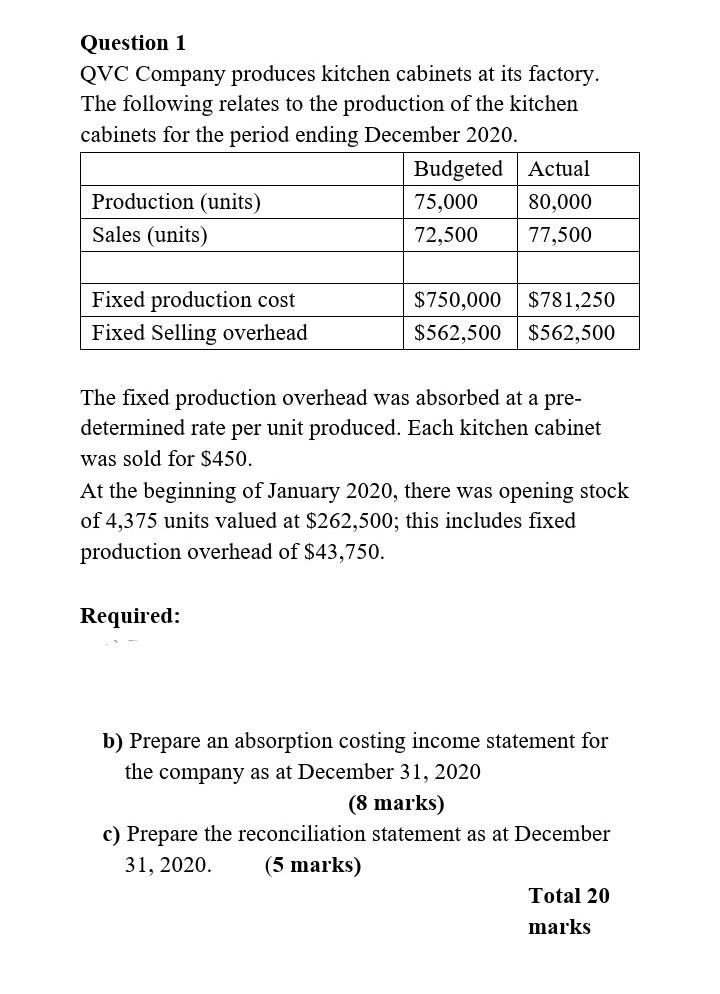 Solved Question 1 QVC Company produces kitchen at