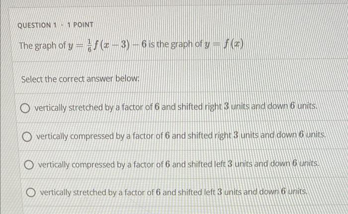 Solved QUESTION 1 H POINT The graph of y = f(x-3) - 6 is the | Chegg.com