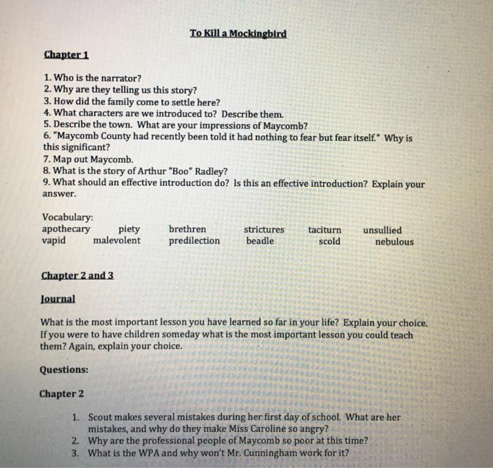 chapter questions for to kill a mockingbird part 1