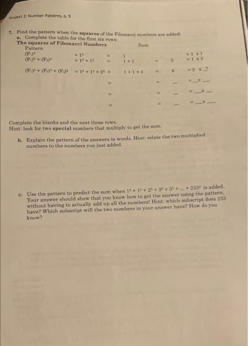 Solved project 2 Number Patterns, p. 9 7. Find the pattern | Chegg.com