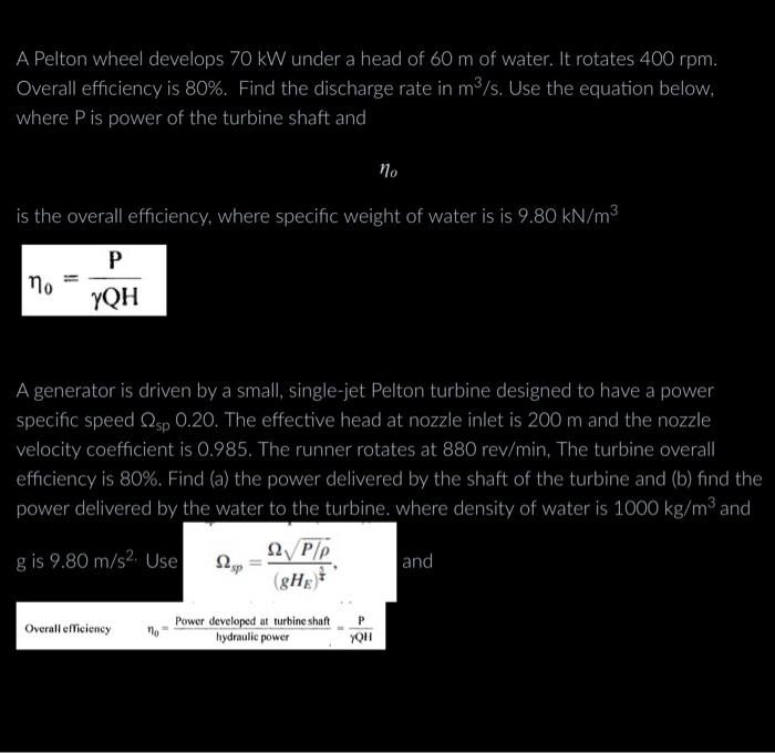 Solved A Pelton wheel develops 70 kW under a head of 60 m of