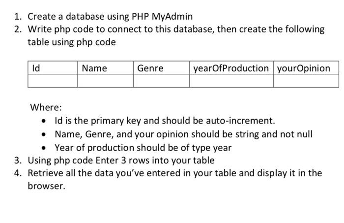 Solved Create A Database Using Php Myadmin Write Php Chegg Com