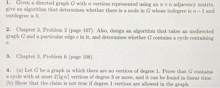 Solved 1. Given a directed graph G with n vertices | Chegg.com