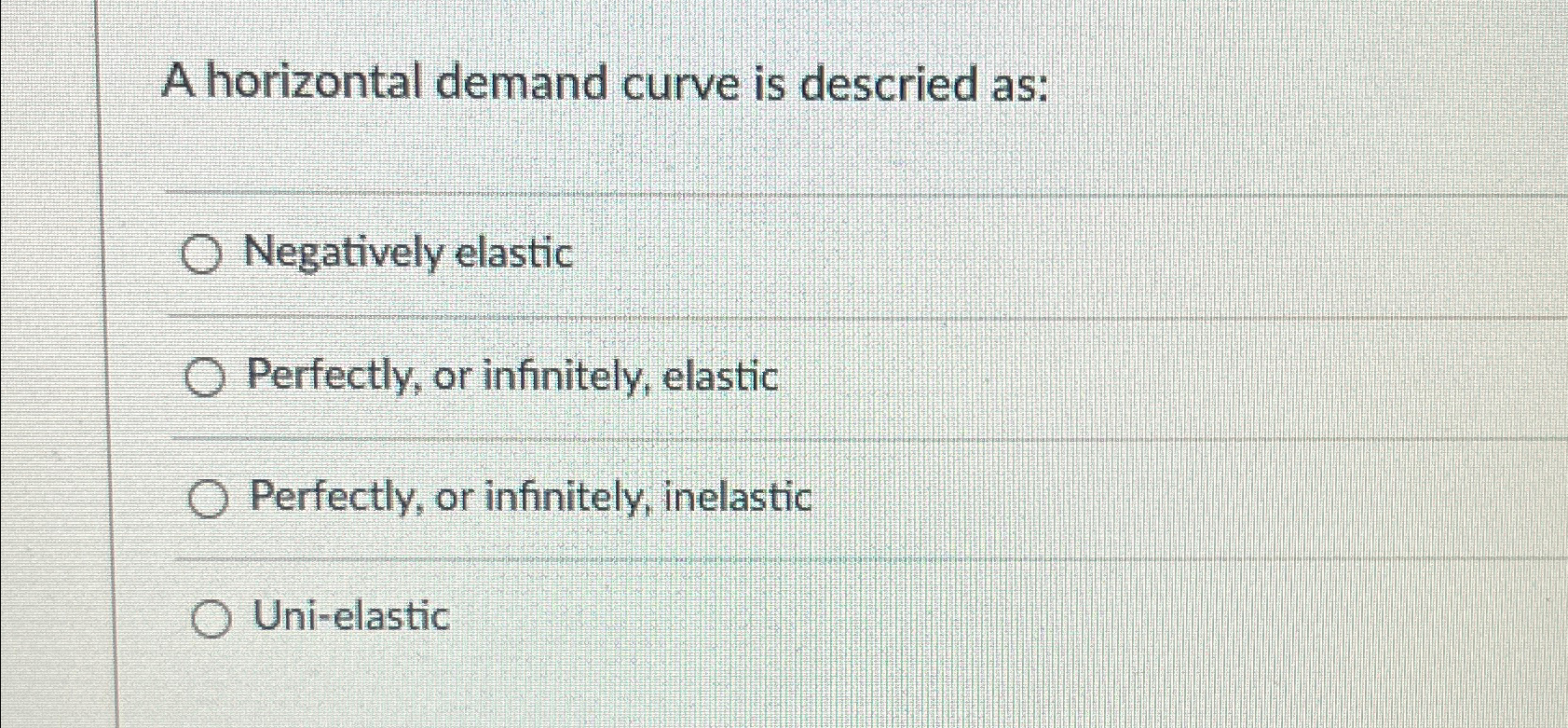 Solved A horizontal demand curve is descried as:Negatively | Chegg.com