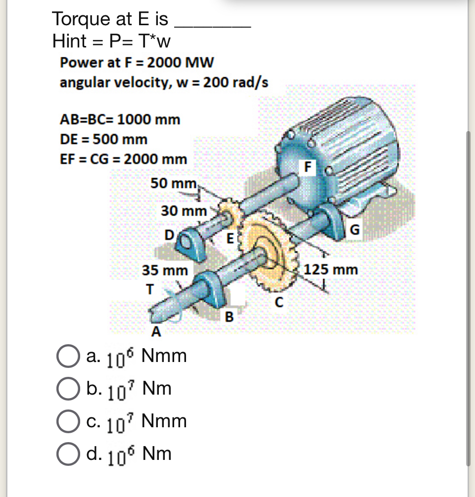 Solved Torque at E ﻿isHint =P=T***WPower at F=2000 | Chegg.com