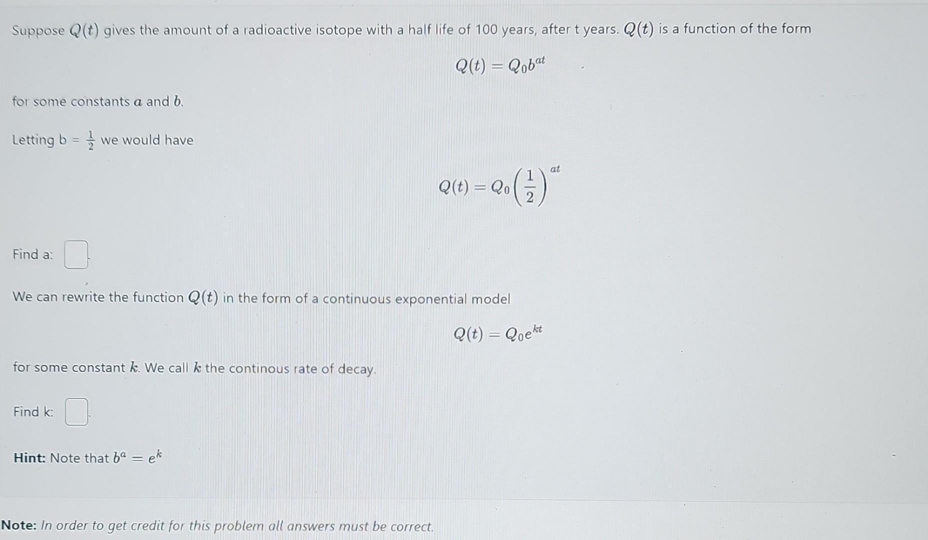 Solved Q(t)=Q0bat For Some Constants A And B. Letting B=21 | Chegg.com